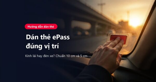 Bàn tay dán thẻ ePass màu đỏ lên góc kính chắn gió, nhìn từ trong xe