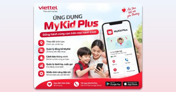 Poster ứng dụng MyKid Plus của Viettel: theo dõi vị trí con, quản lý đồng hồ MyKid, cảnh báo vùng an toàn
