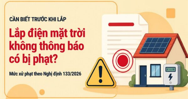 Lắp điện mặt trời không thông báo có bị phạt không: tờ thông báo có dấu mộc, biển cảnh báo và ngôi nhà gắn tấm pin