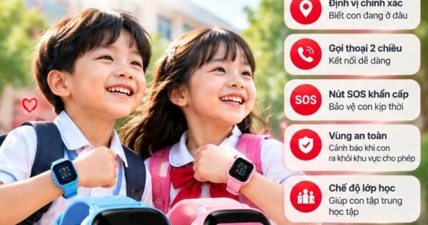 Hai bé đeo đồng hồ MyKid Viettel với các tính năng định vị, gọi thoại 2 chiều, SOS, vùng an toàn, chế độ lớp học