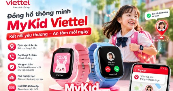 Đồng hồ thông minh MyKid Viettel màu hồng và xanh với định vị chính xác, gọi thoại 2 chiều, vùng an toàn, chế độ lớp học và nút SOS