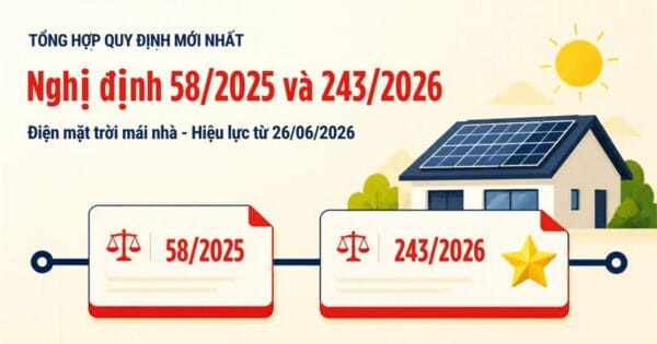 Nghị định 58/2025 và 243/2026 về điện mặt trời mái nhà: dòng thời gian hai văn bản và ngôi nhà gắn tấm pin mặt trời