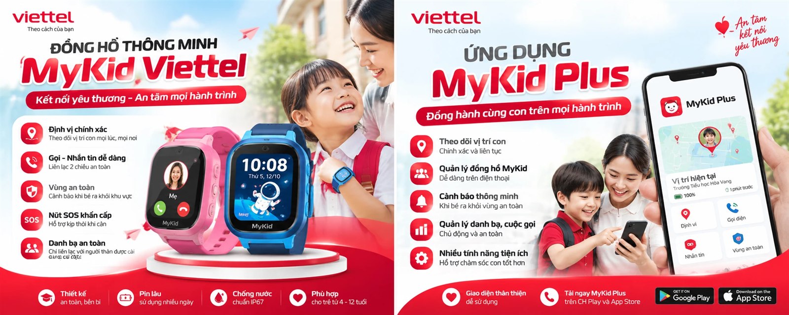 Poster của Viettel giới thiệu đồng hồ thông minh MyKid Viettel và ứng dụng MyKid Plus trên Google Play và App Store